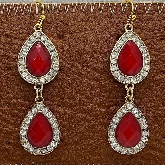 Red Pear Shape Two Tiered Drop Dangle Earrings with Rhinestone Paver Surrounding - Picture 1 of 4
